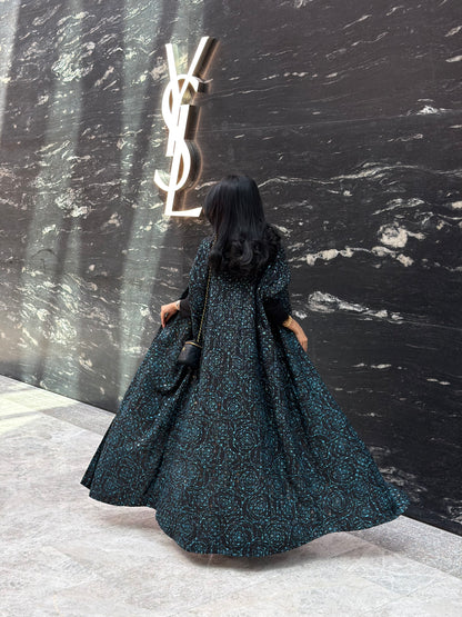 FAB341-Black Green Embroidery Half-Bisht Cut Abaya with Fitted Black Stretch Sleeves and matching headscarf