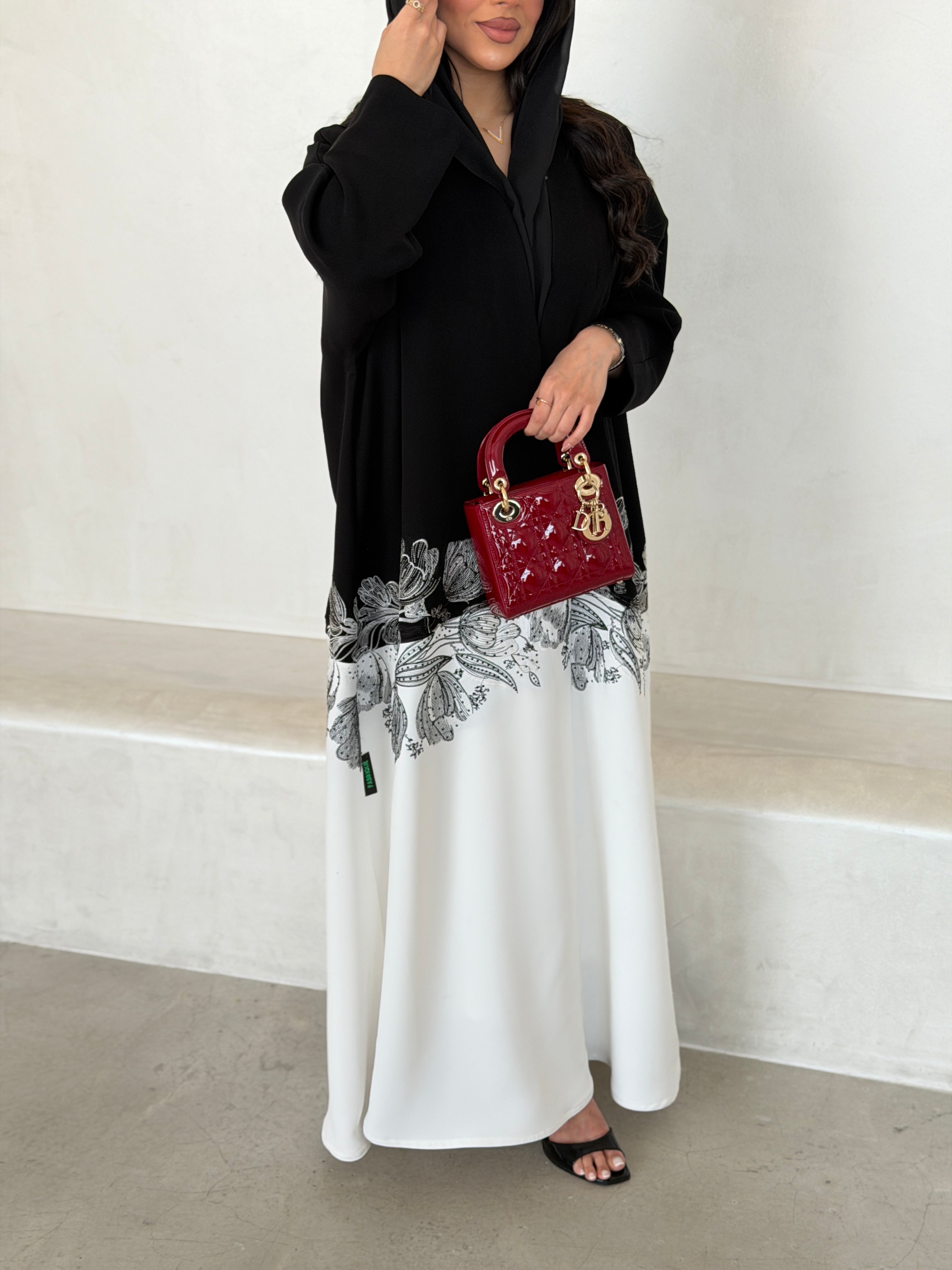 FAB292- Black & White Crepe Crystal Embroidered Abaya