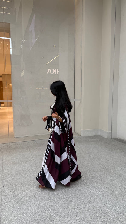 FAB302-Maroon & Black Printed Chiffon Silk A-Cut Abaya Set