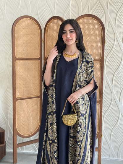 FAB276-Navy Two-Piece Linen Bisht Set, Detailed with Elegant Gold Embroidery