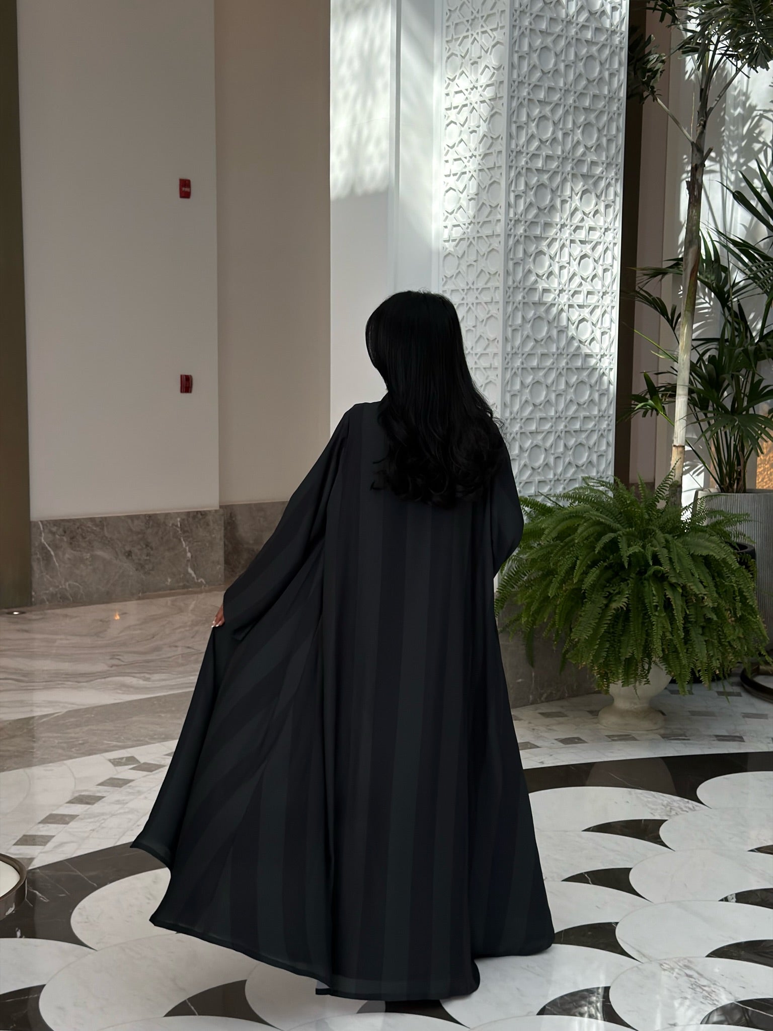 FAB331-Dark Green Basic Light Stripped Printed Klosh Abaya Set