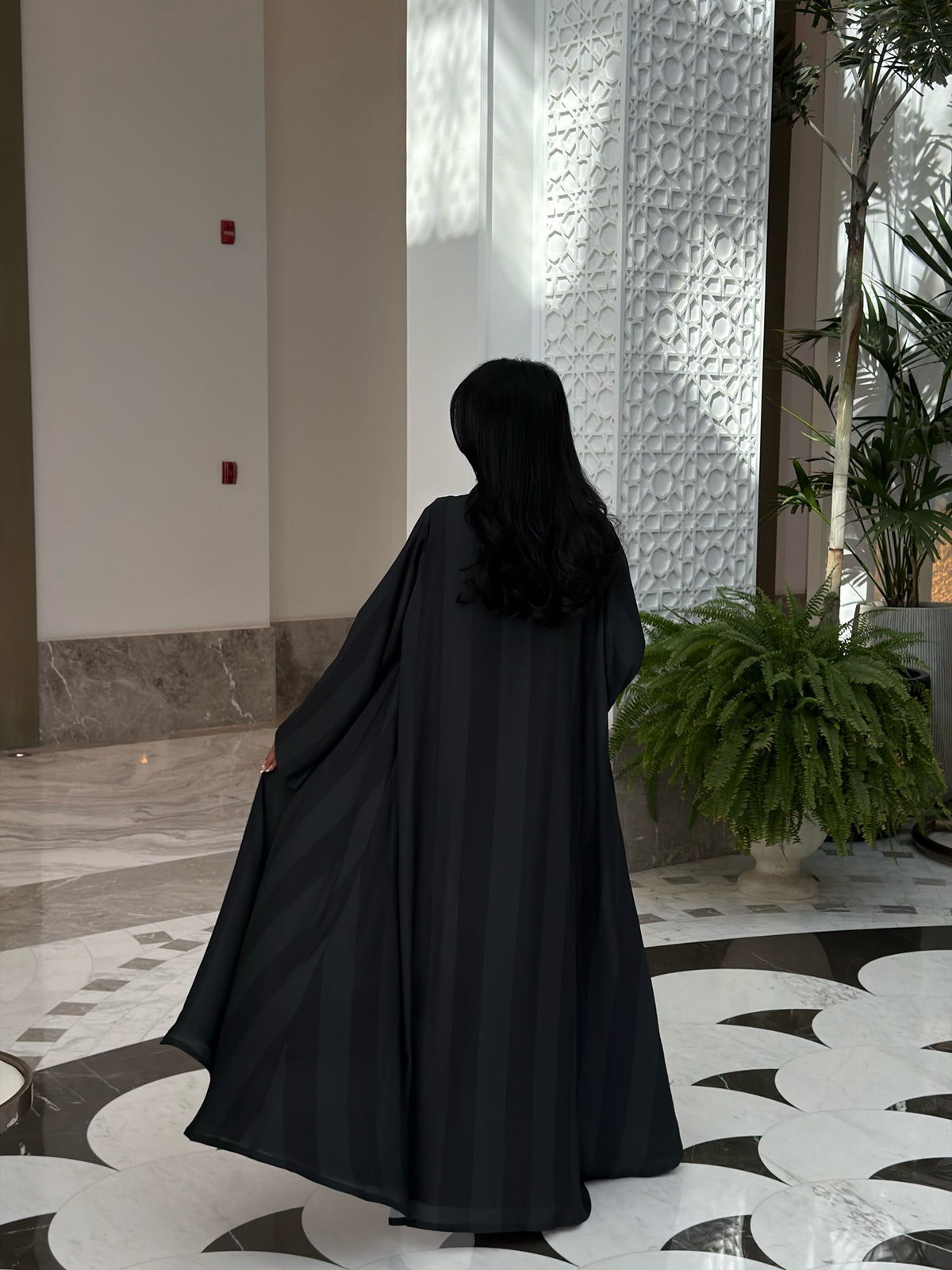 FAB331-Dark Green Basic Light Stripped Printed Klosh Abaya Set