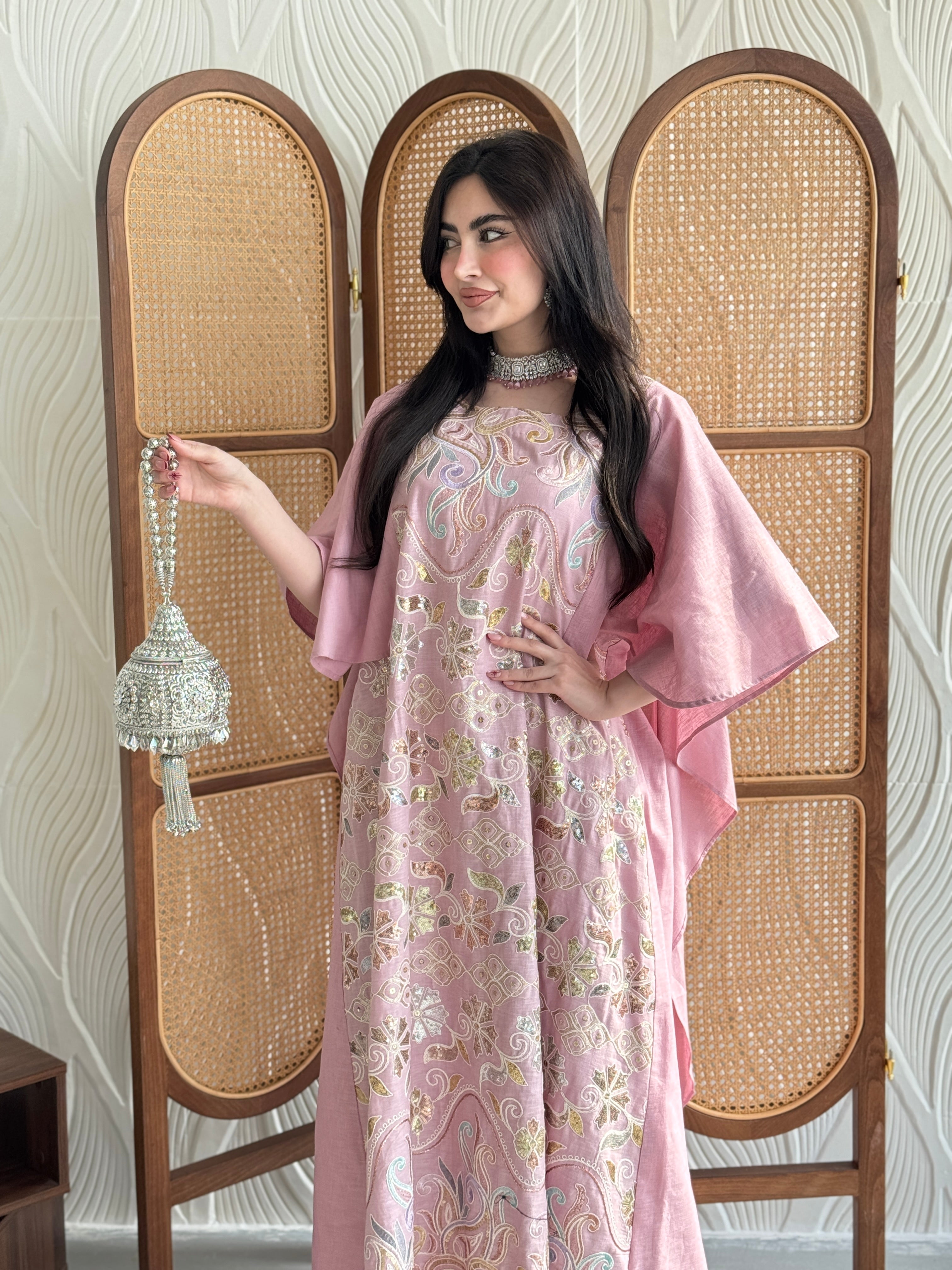 FAB270- Pink Elegant linen jalabiya with multicolor embroidery and a flowing cape cut