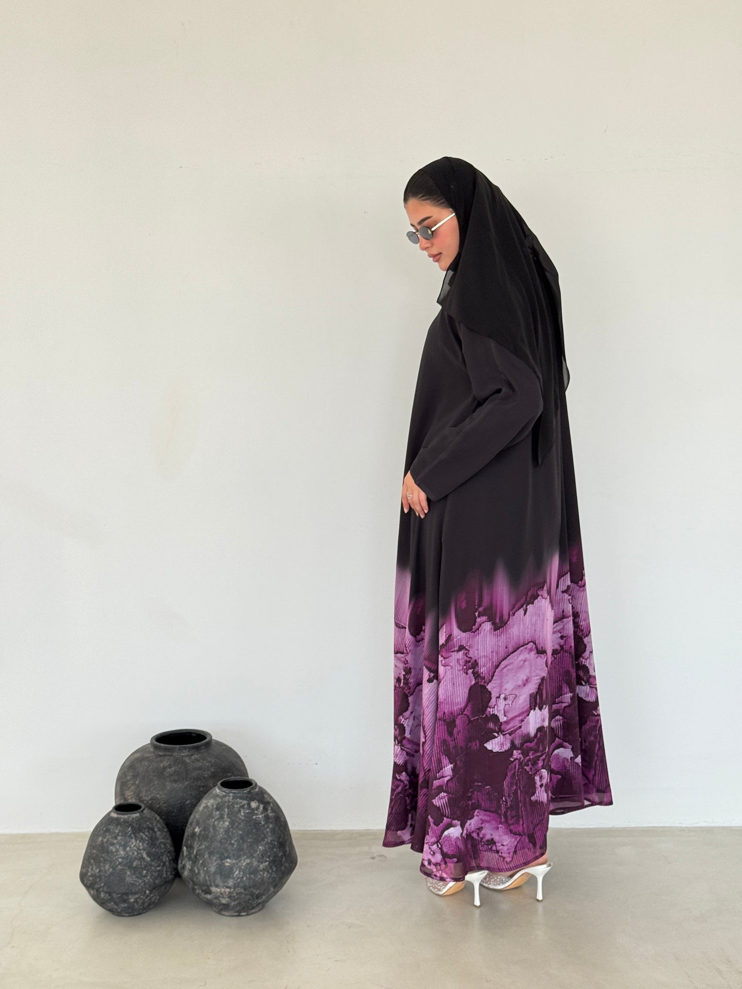 FAB212- Blue Ombre Waves print Shiffon A-cut Abaya with headscarf