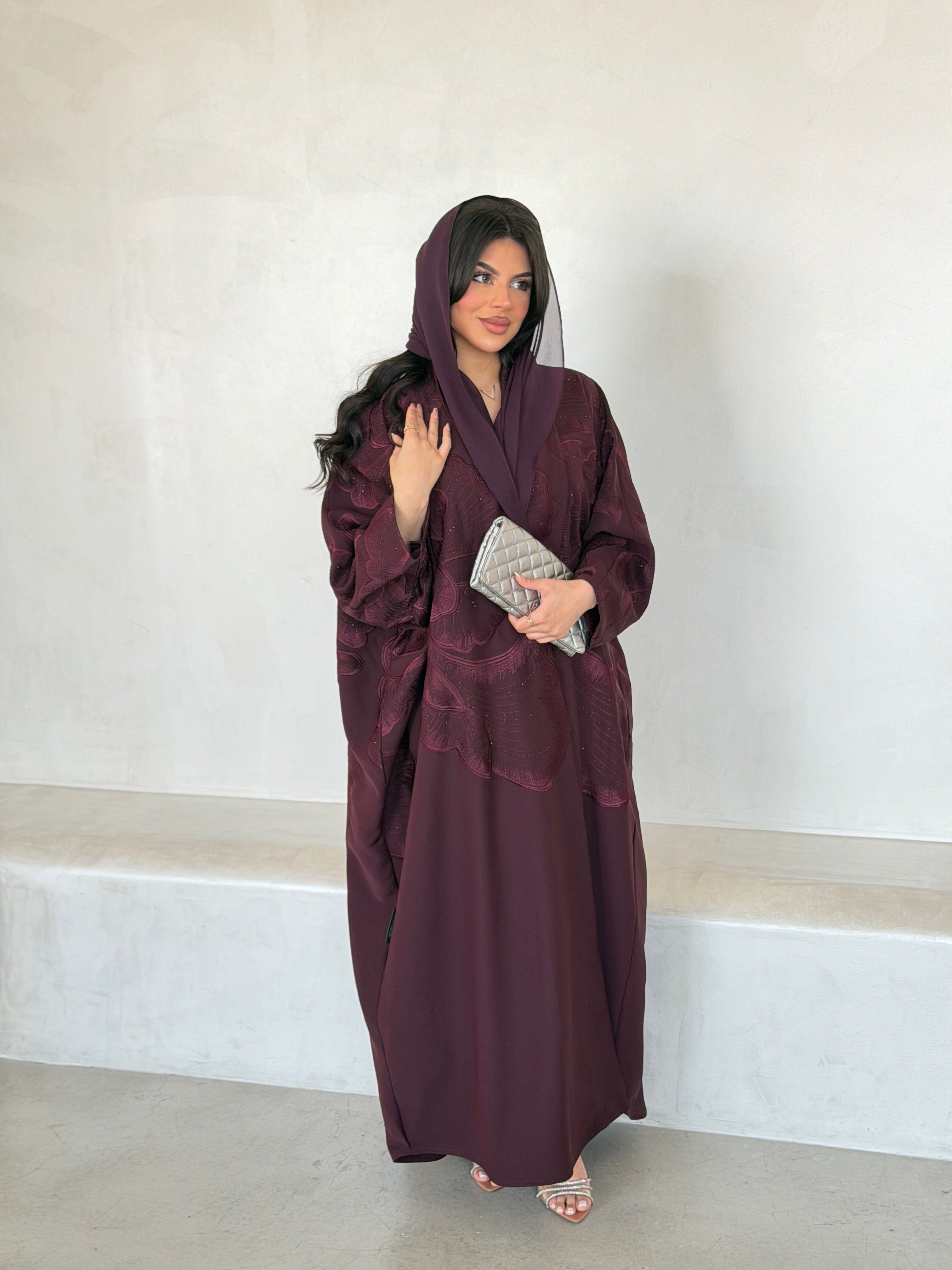 FAB297- Burgundy Crystal Embroidered Half Bisht Cut Crepe Abaya