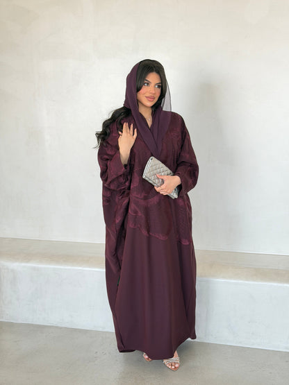 FAB297- Burgundy Crystal Embroidered Half Bisht Cut Crepe Abaya