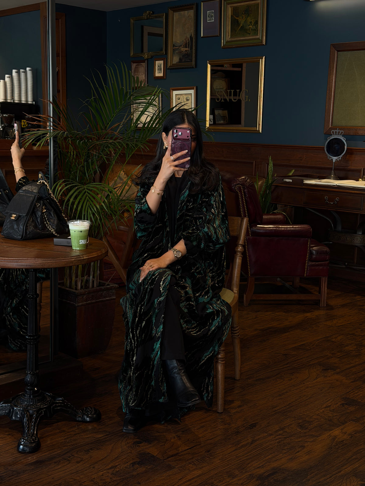 FAB351-Green and Black Chiffon Half Bisht-Cut Abaya with Velvet Shimmer Print and Black Headscarf