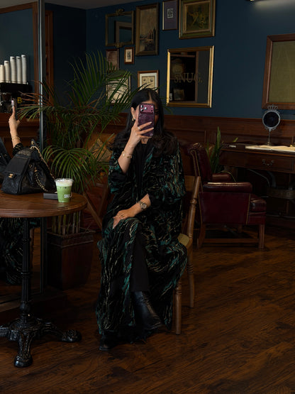 FAB351-Green and Black Chiffon Half Bisht-Cut Abaya with Velvet Shimmer Print and Black Headscarf