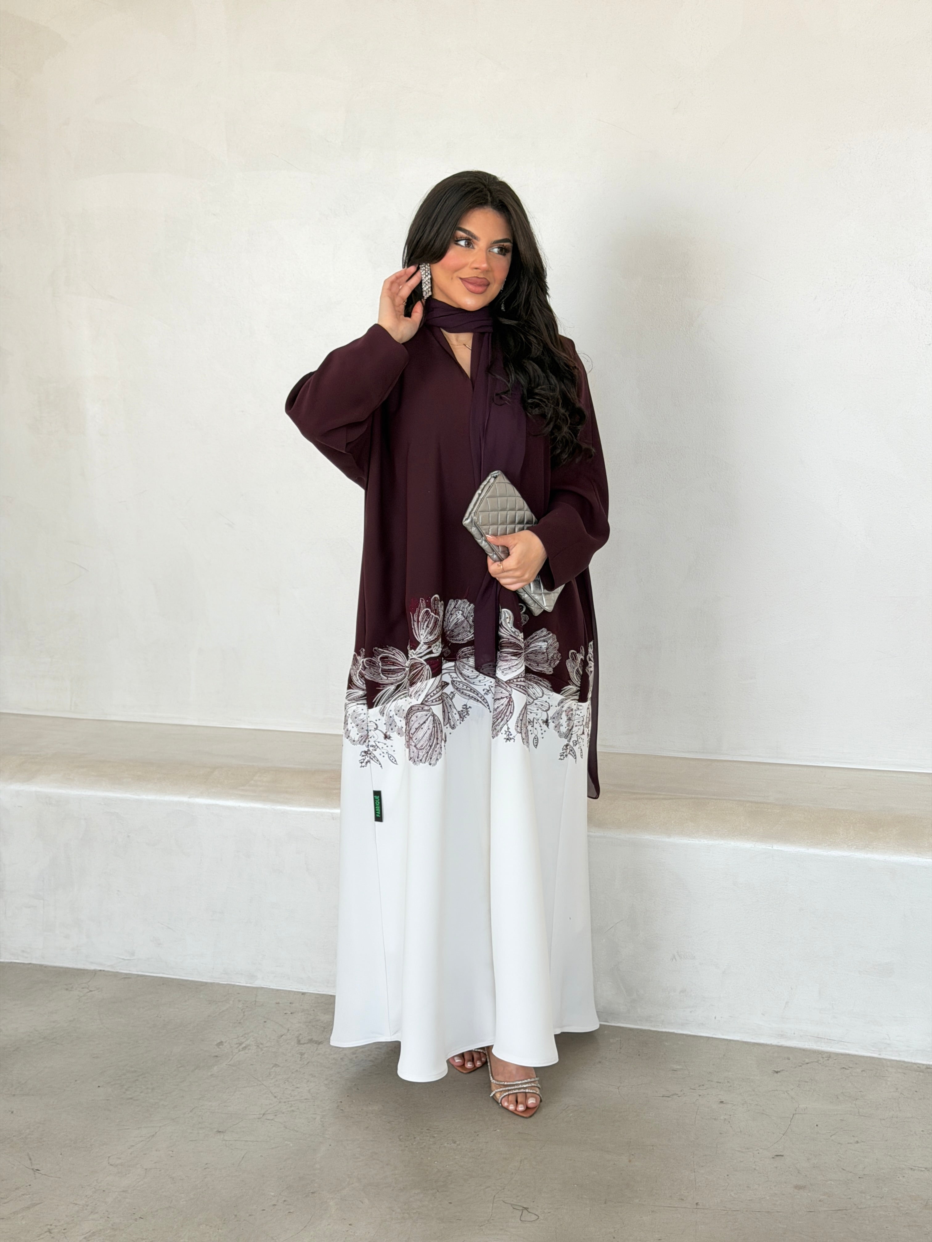 FAB293- Burgundy & White Crepe Crystal Embroidered Abaya