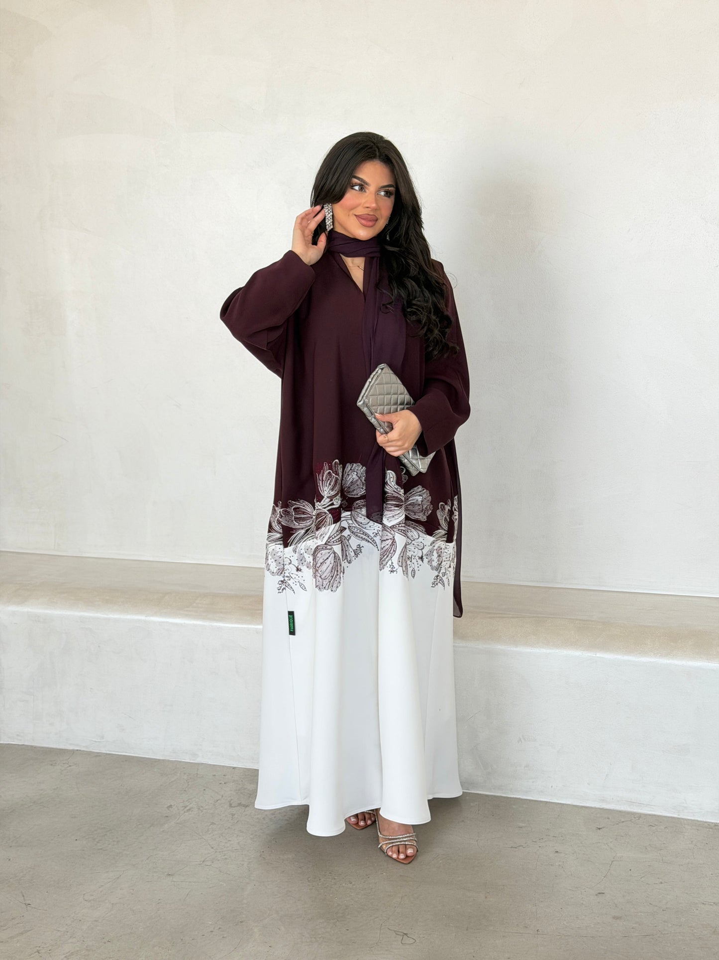 FAB293- Burgundy & White Crepe Crystal Embroidered Abaya