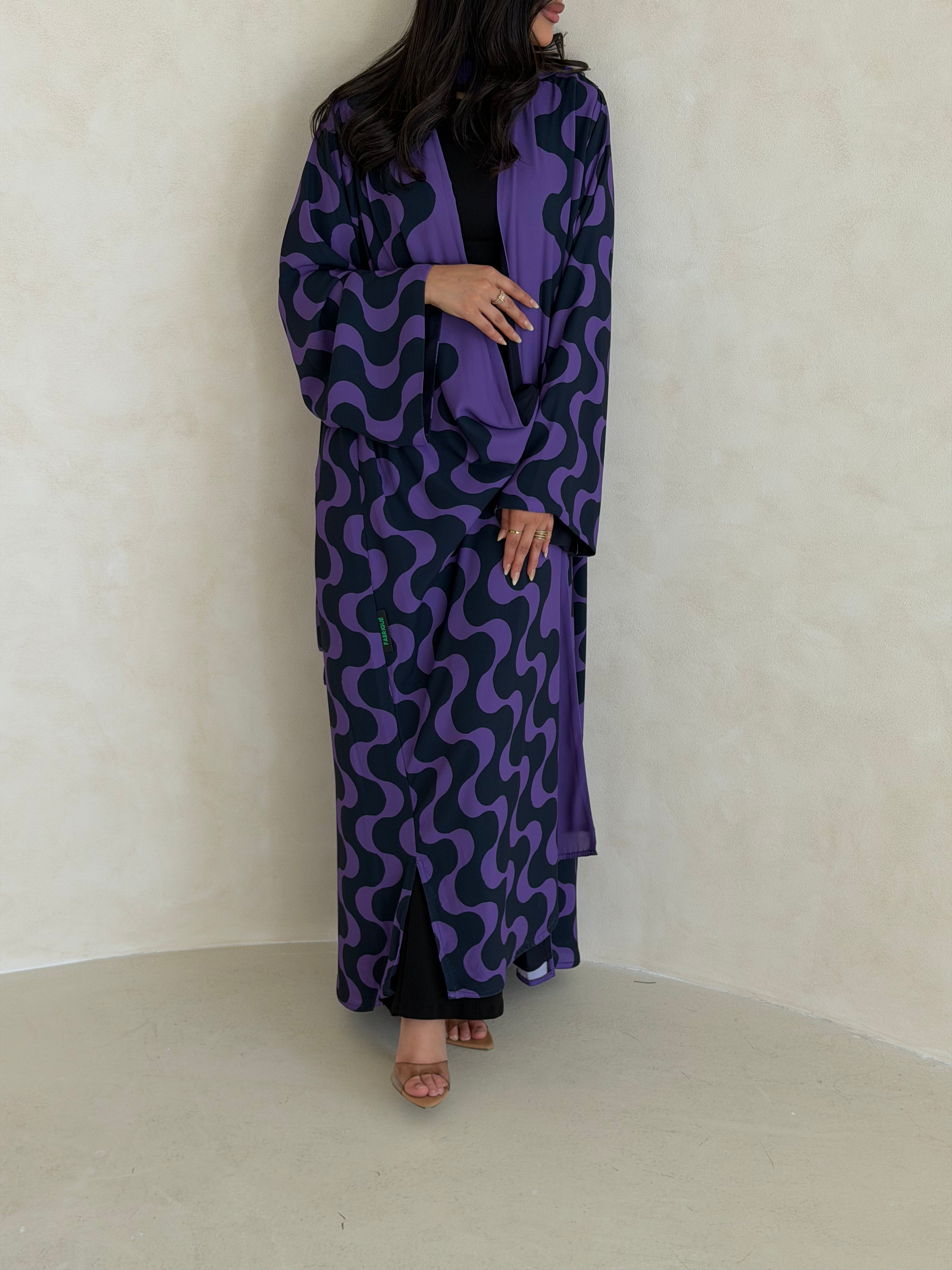 FAB345- Purple Blue Waves Printed Straight-Cut Abaya and matching headscarf
