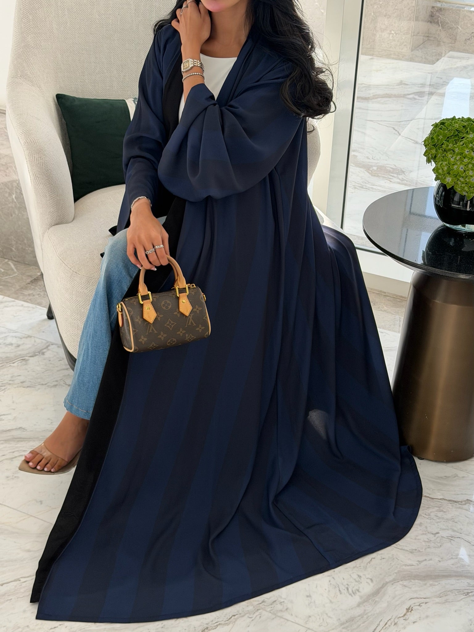 FAB330-Blue Basic Light Stripped Printed Klosh Abaya Set