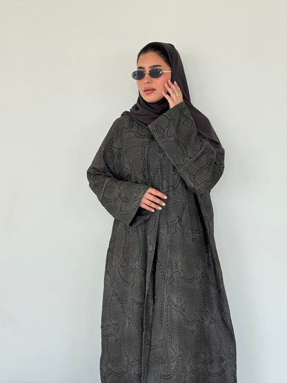 FAB220-Black Grey Ribbon Embroidery Linen Abaya with headscarf