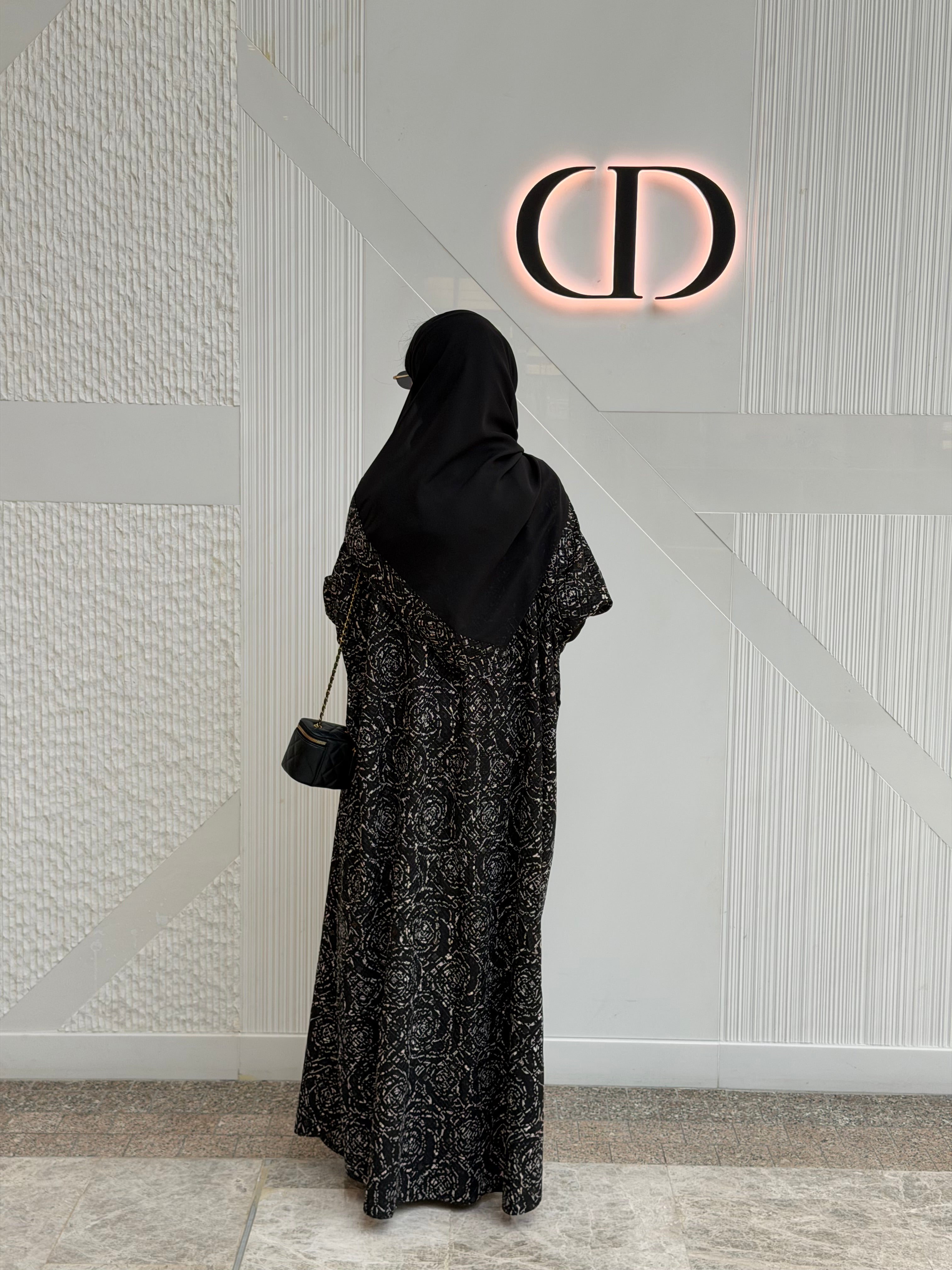 FAB340-Black White Embroidery Half-Bisht Cut Abaya with Fitted Black Stretch Sleeves and matching headscarf