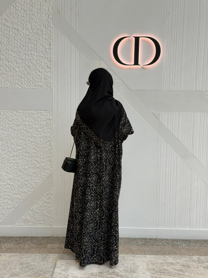 FAB340-Black White Embroidery Half-Bisht Cut Abaya with Fitted Black Stretch Sleeves and matching headscarf