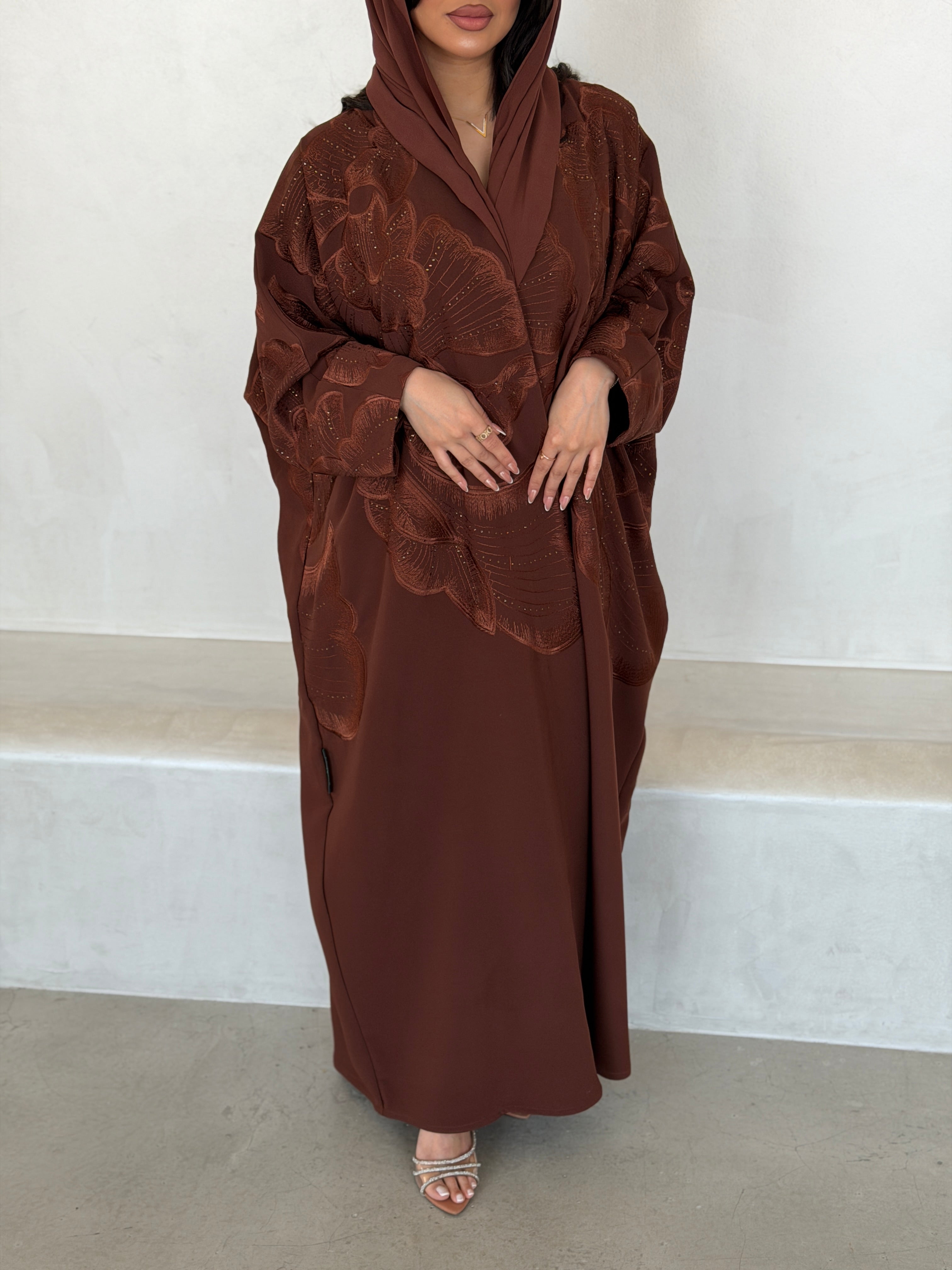 FAB295- Orange Crystal Embroidered Half Bisht Cut Crepe Abaya