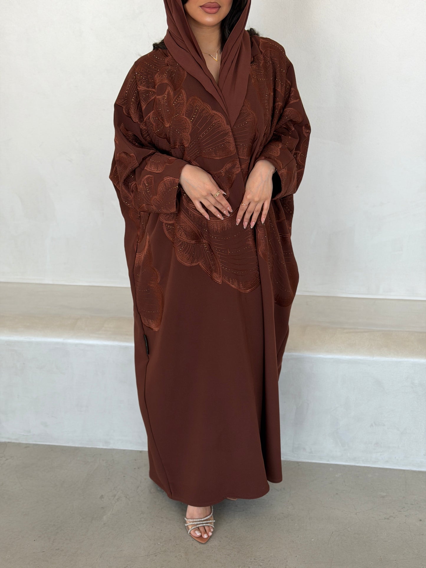 FAB295- Orange Crystal Embroidered Half Bisht Cut Crepe Abaya