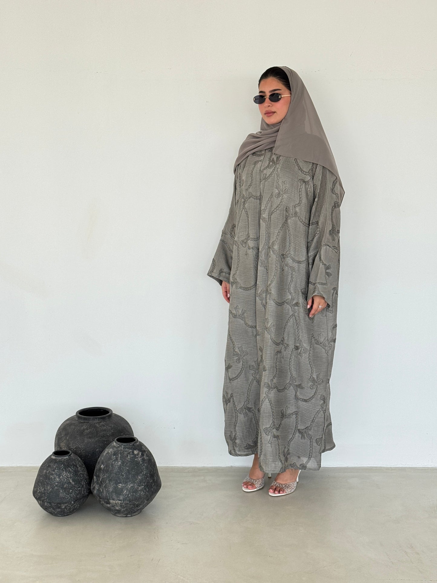 FAB217- Beige Ribbon Embroidery Linen Abaya with headscarf