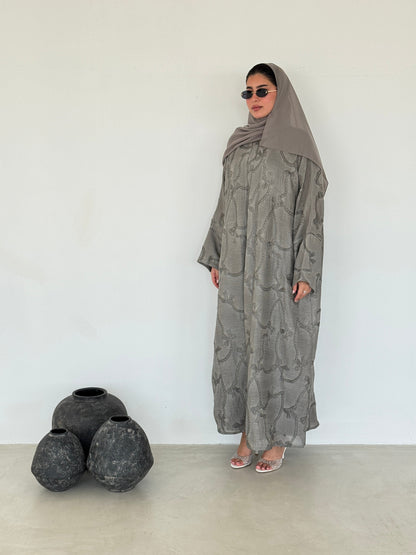 FAB217- Beige Ribbon Embroidery Linen Abaya with headscarf