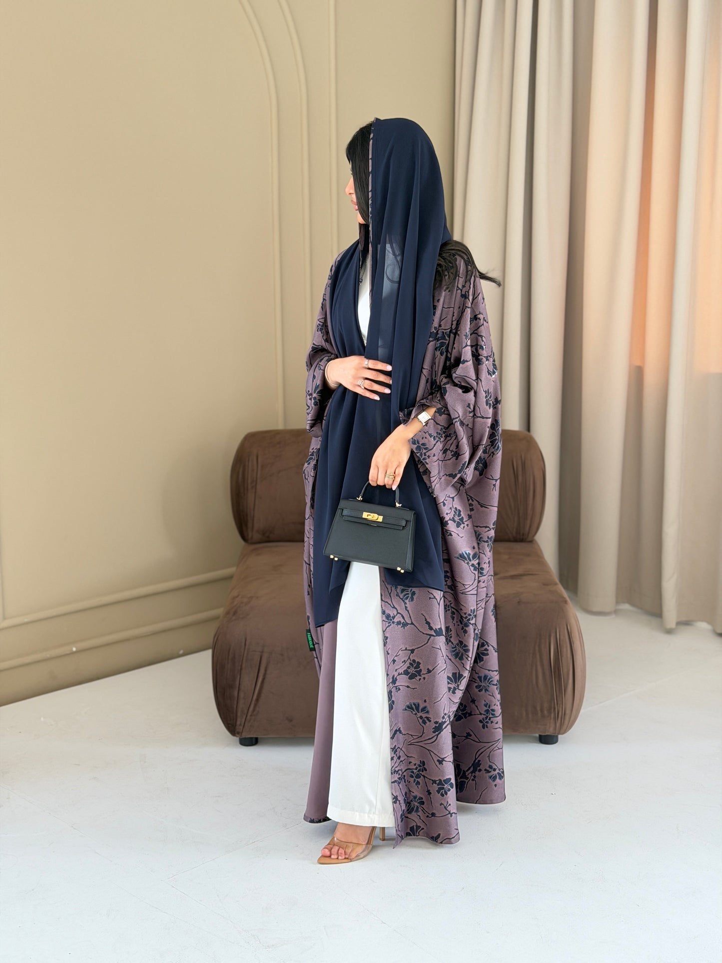 FAB284-Purple Floral Print Half Bisbt Abaya with pipping headscarf
