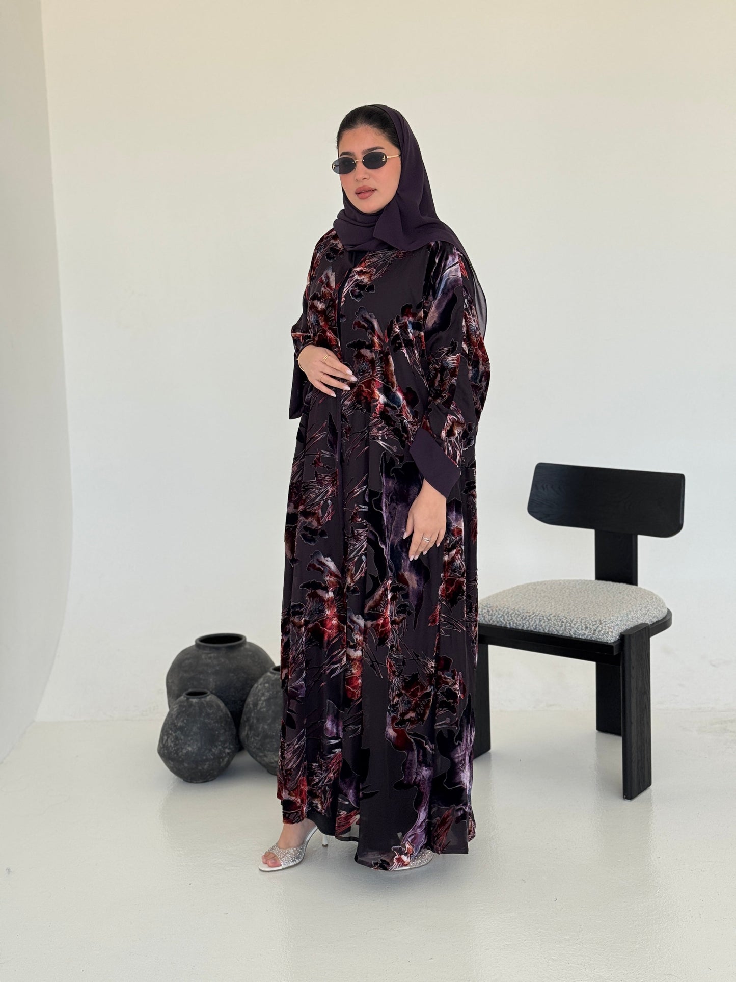 FAB231- Dark Purple Chiffon with Velvet Print Abaya with headscarf