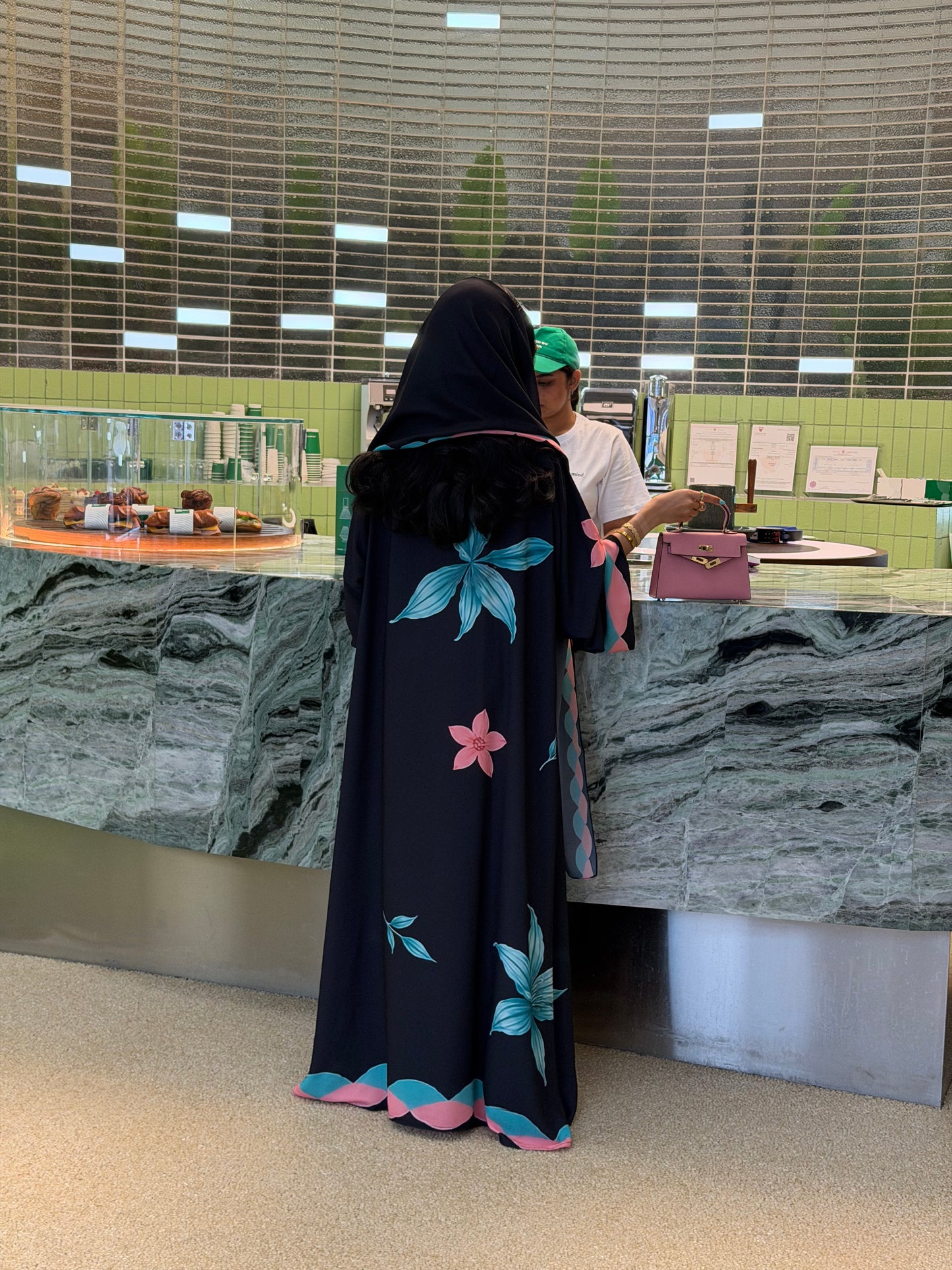 FAB324-Black Pink and Green Floral Print abaya and headscarf- Straight Cut