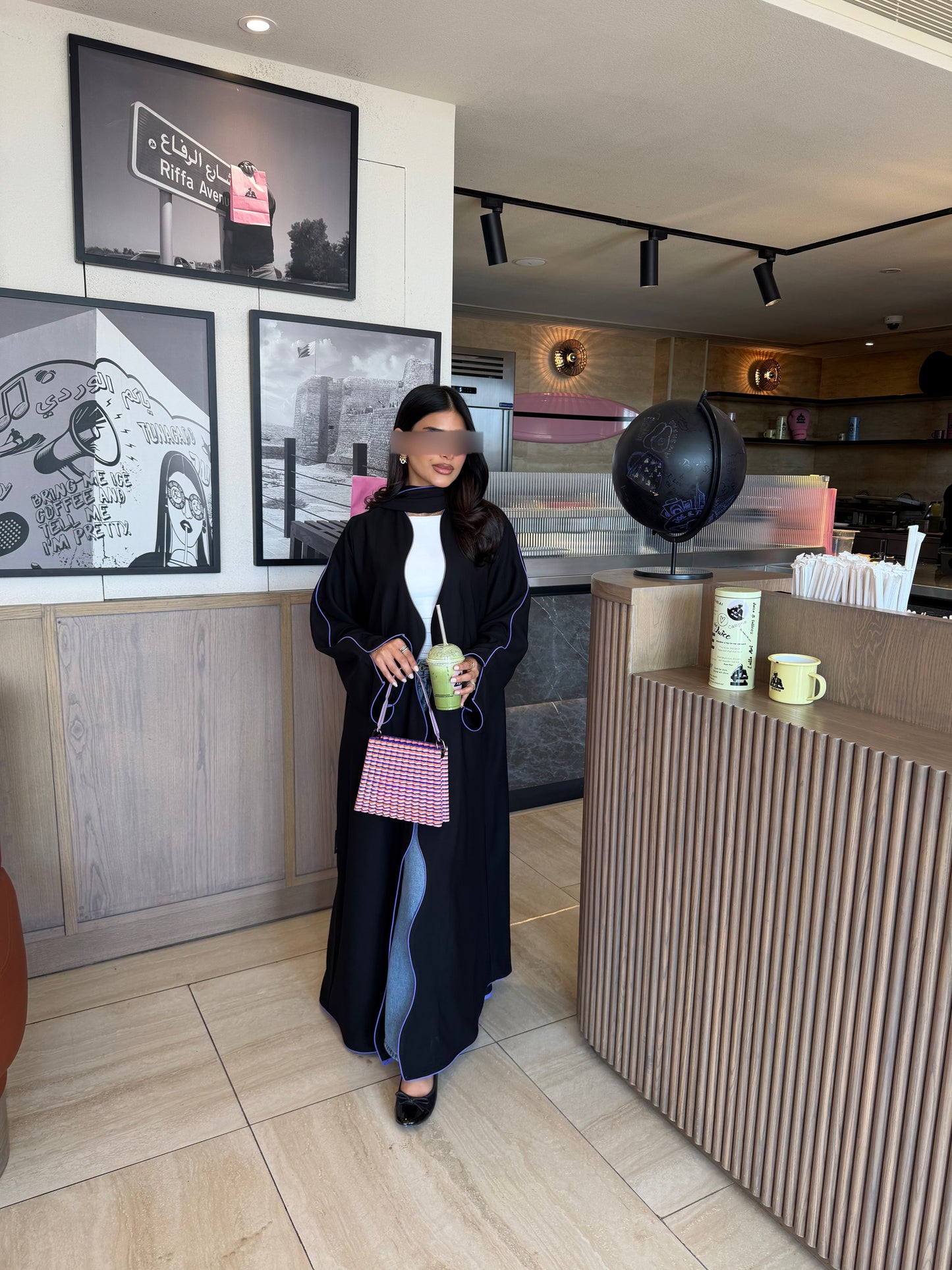 FAB319- Black crepe swirl-cut abaya with purple piping abaya and headscarf