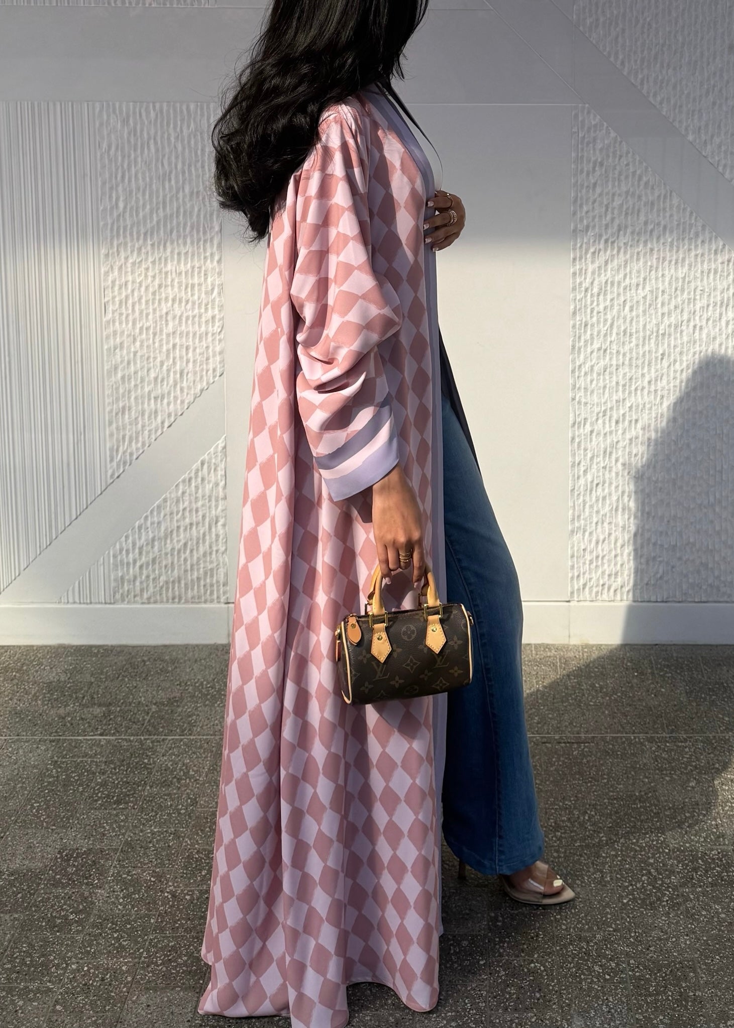 FAB316- Pink & Purple Checkered Print A-Cut Chiffon Silk Abaya