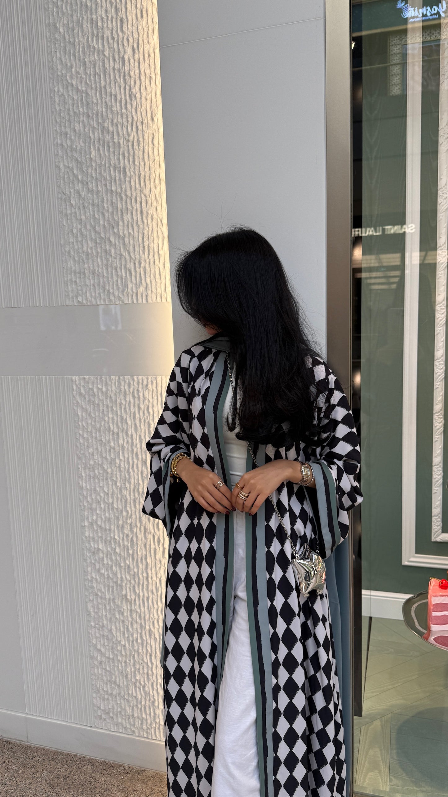FAB305- Green & Black Checkered Print A-Cut Chiffon Silk Abaya