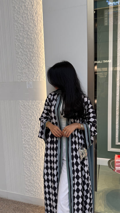 FAB305- Green & Black Checkered Print A-Cut Chiffon Silk Abaya