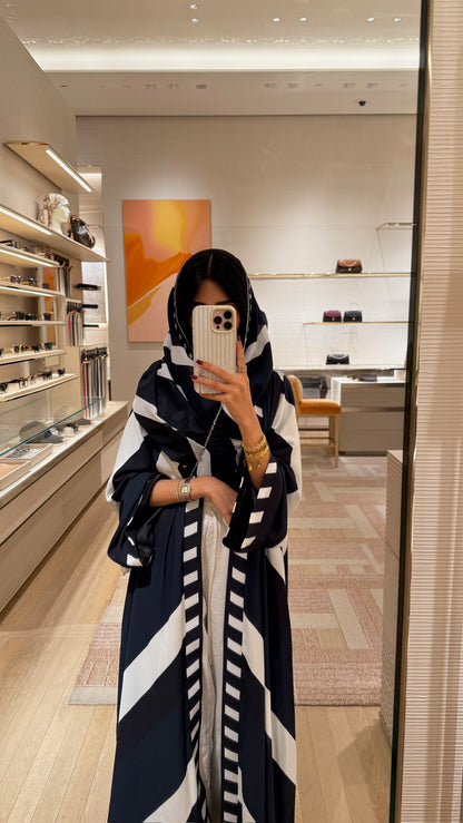 FAB303- Blue & Black Print Chiffon Silk A-Cut Abaya Set