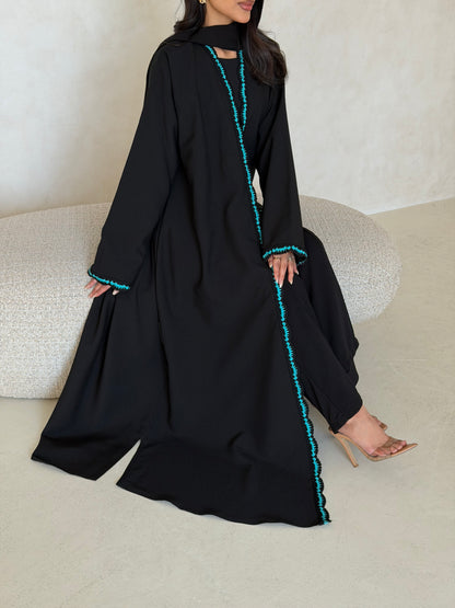 FAB347- Tiffany Crochet Black Crepe Klosh-Cut Abaya with Headscarf