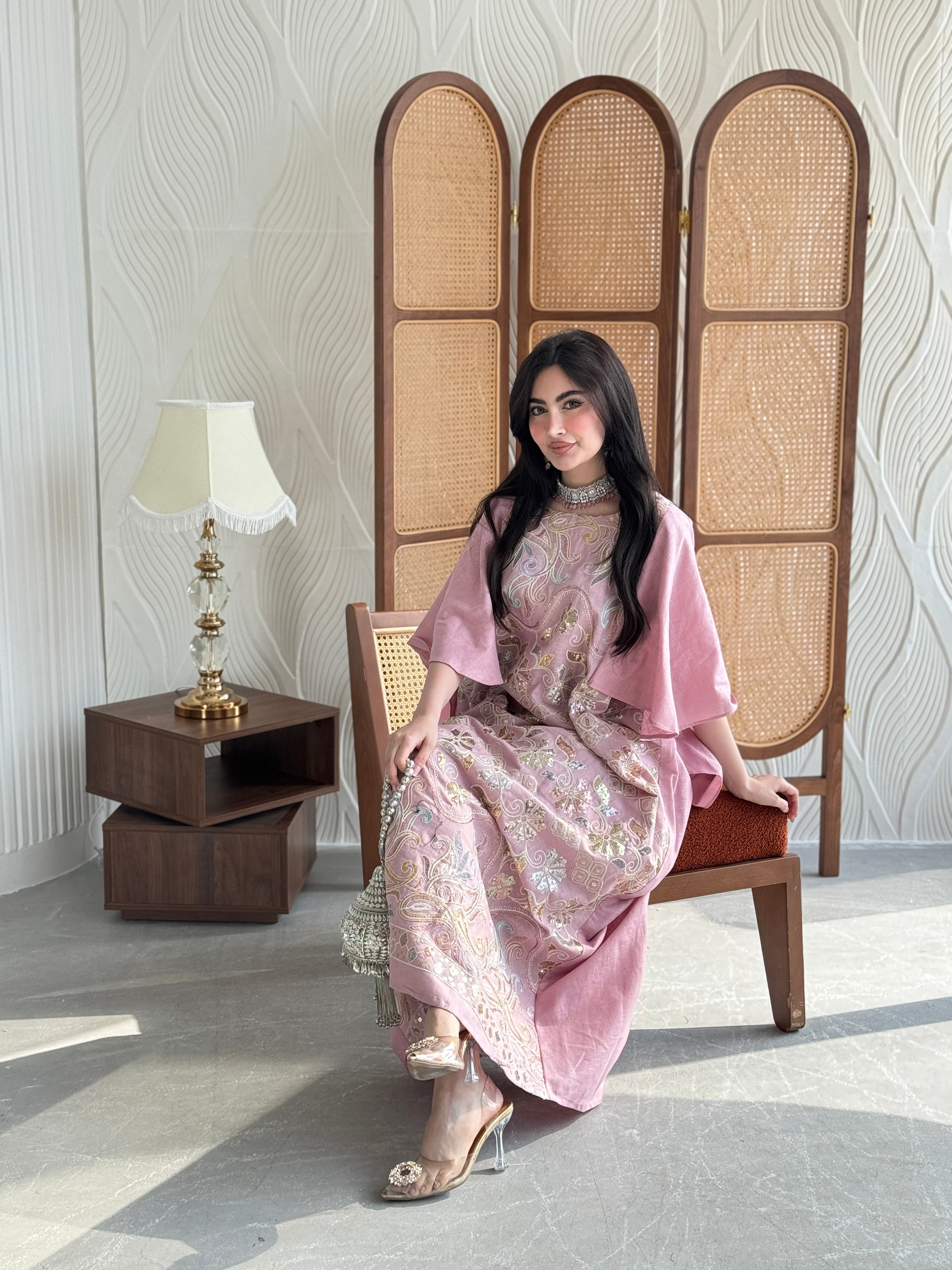 FAB270- Pink Elegant linen jalabiya with multicolor embroidery and a flowing cape cut