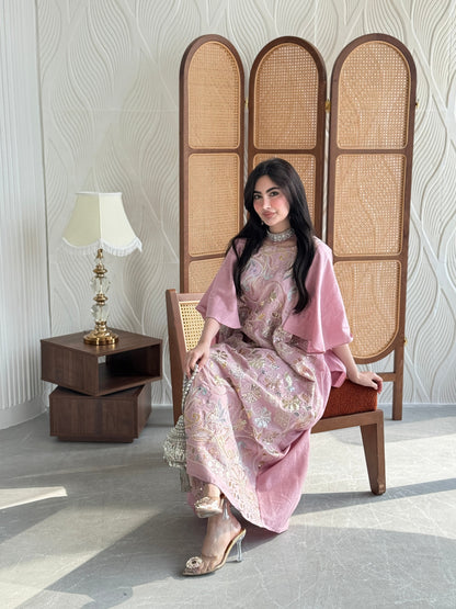 FAB270- Pink Elegant linen jalabiya with multicolor embroidery and a flowing cape cut