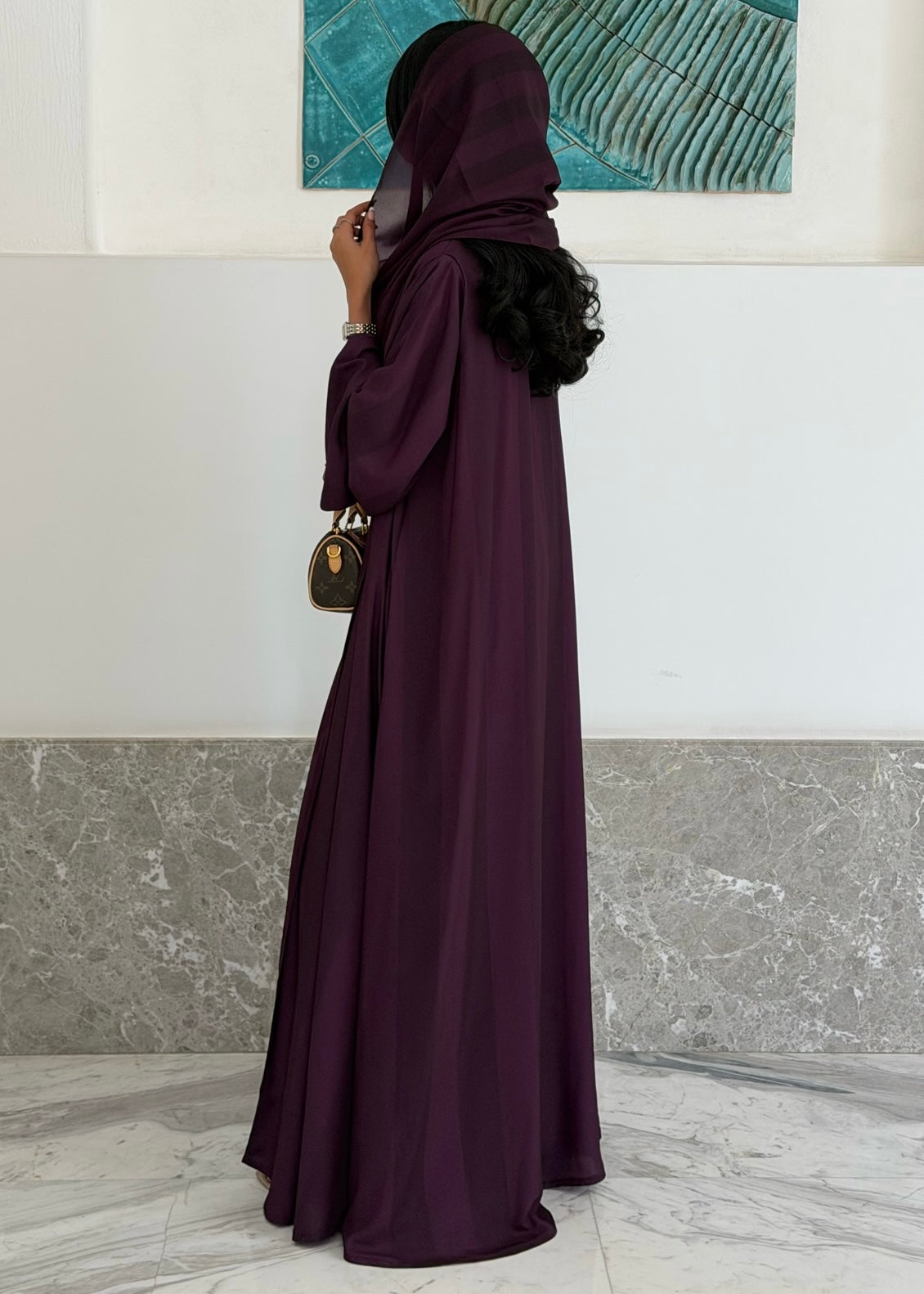 FAB329-Purple Basic Light Stripped Printed Klosh Abaya Set