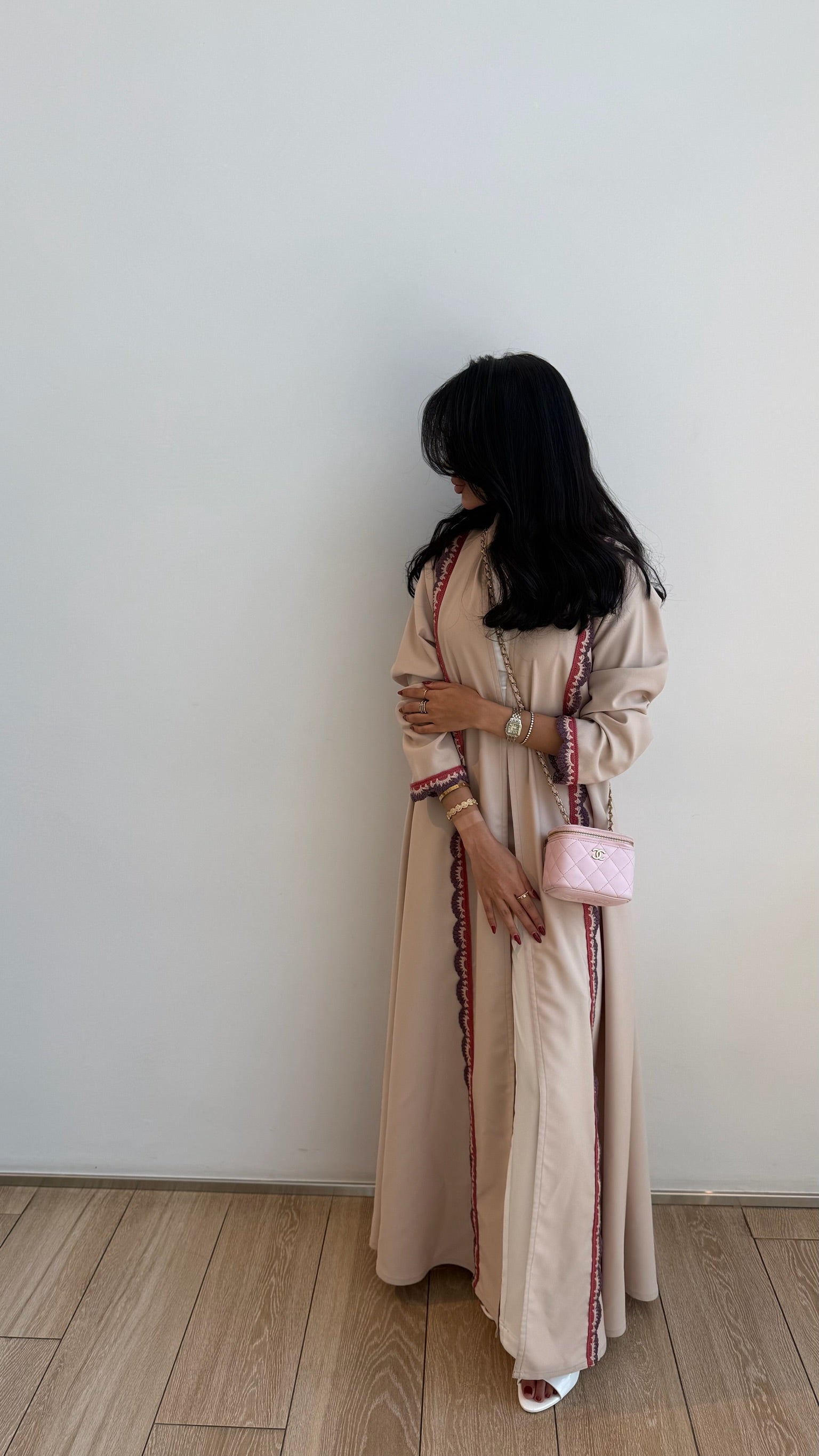 FAB325- Beige Pink Crochet Crepe A-Cut Abaya with matching headscarf
