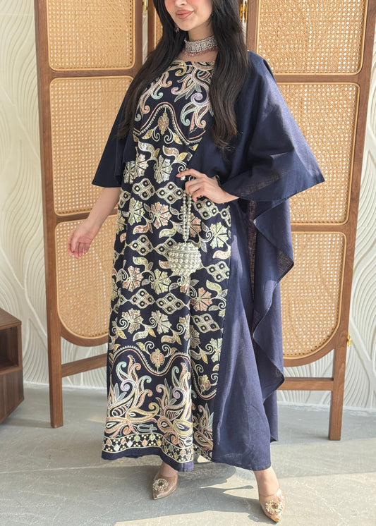 FAB268- Navy Elegant linen jalabiya with multicolor embroidery and a flowing cape cut