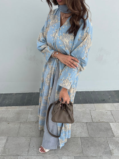 FAB300- Yellow and Blue Lace and Linen Summer A-Cut Abaya