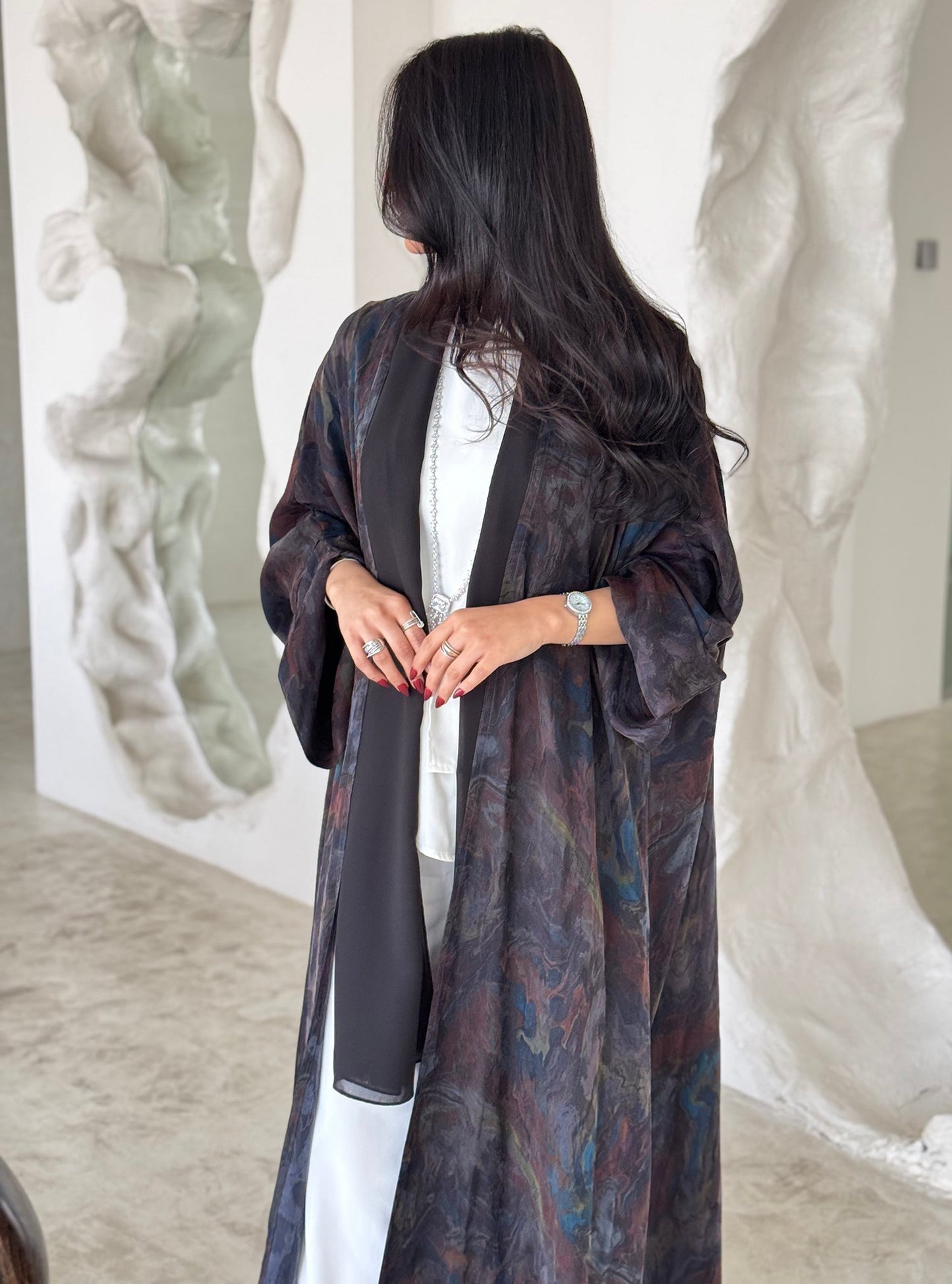 FAB157-Smoky Brown Jacquard A-Cut Abaya