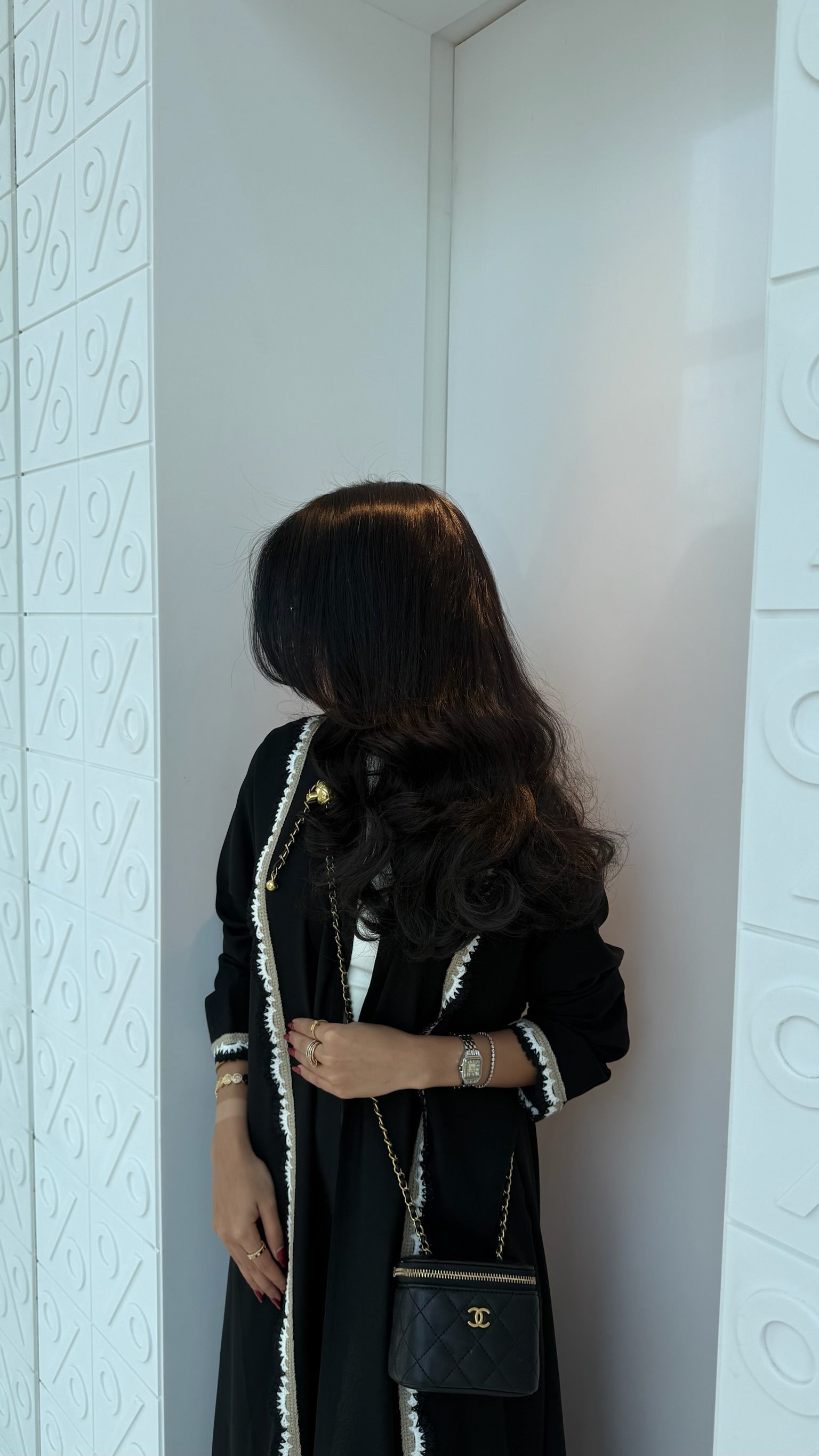 FAB326- Beige Black Crochet Crepe A-Cut Abaya with matching headscarf