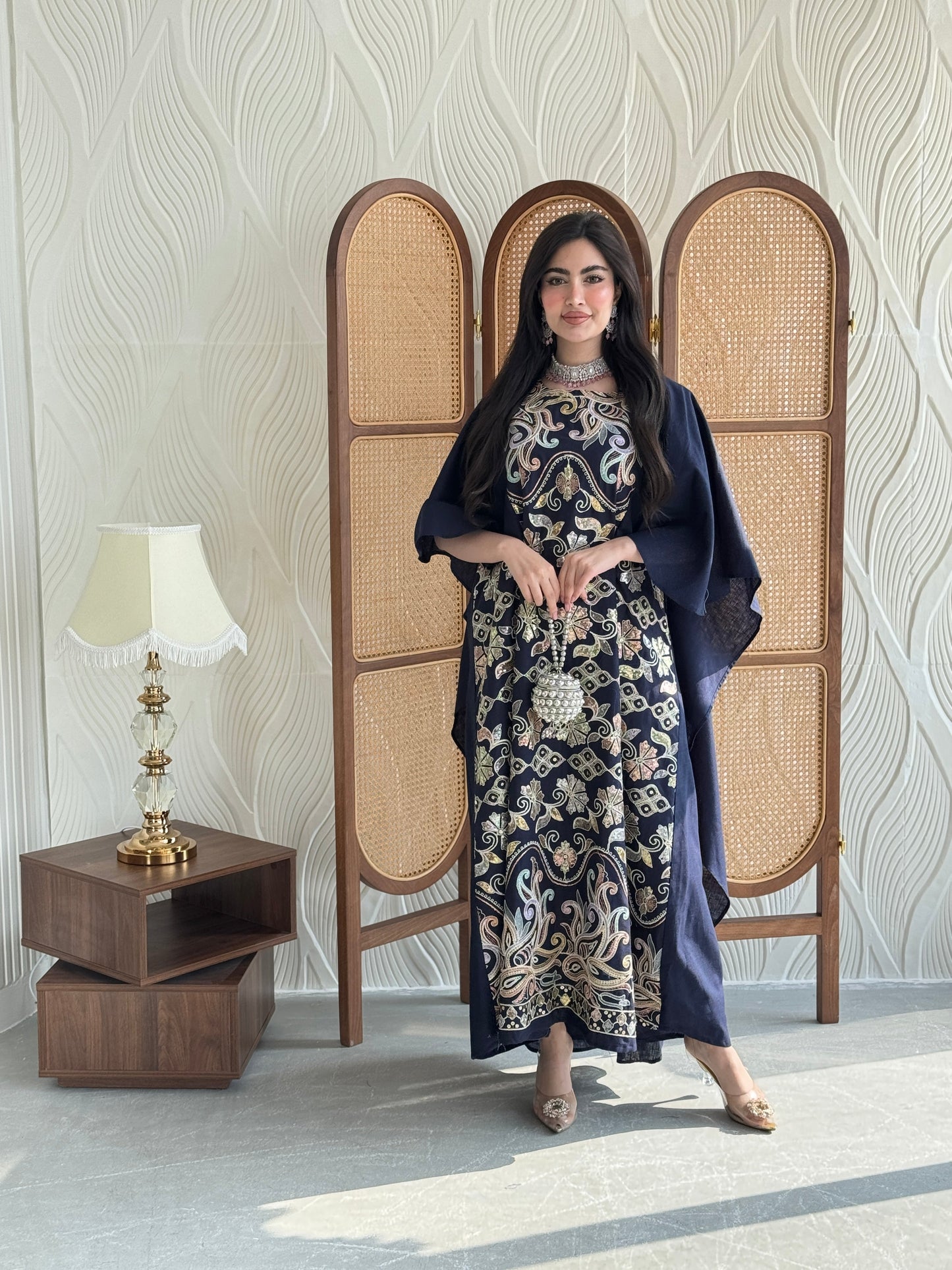 FAB268- Navy Elegant linen jalabiya with multicolor embroidery and a flowing cape cut