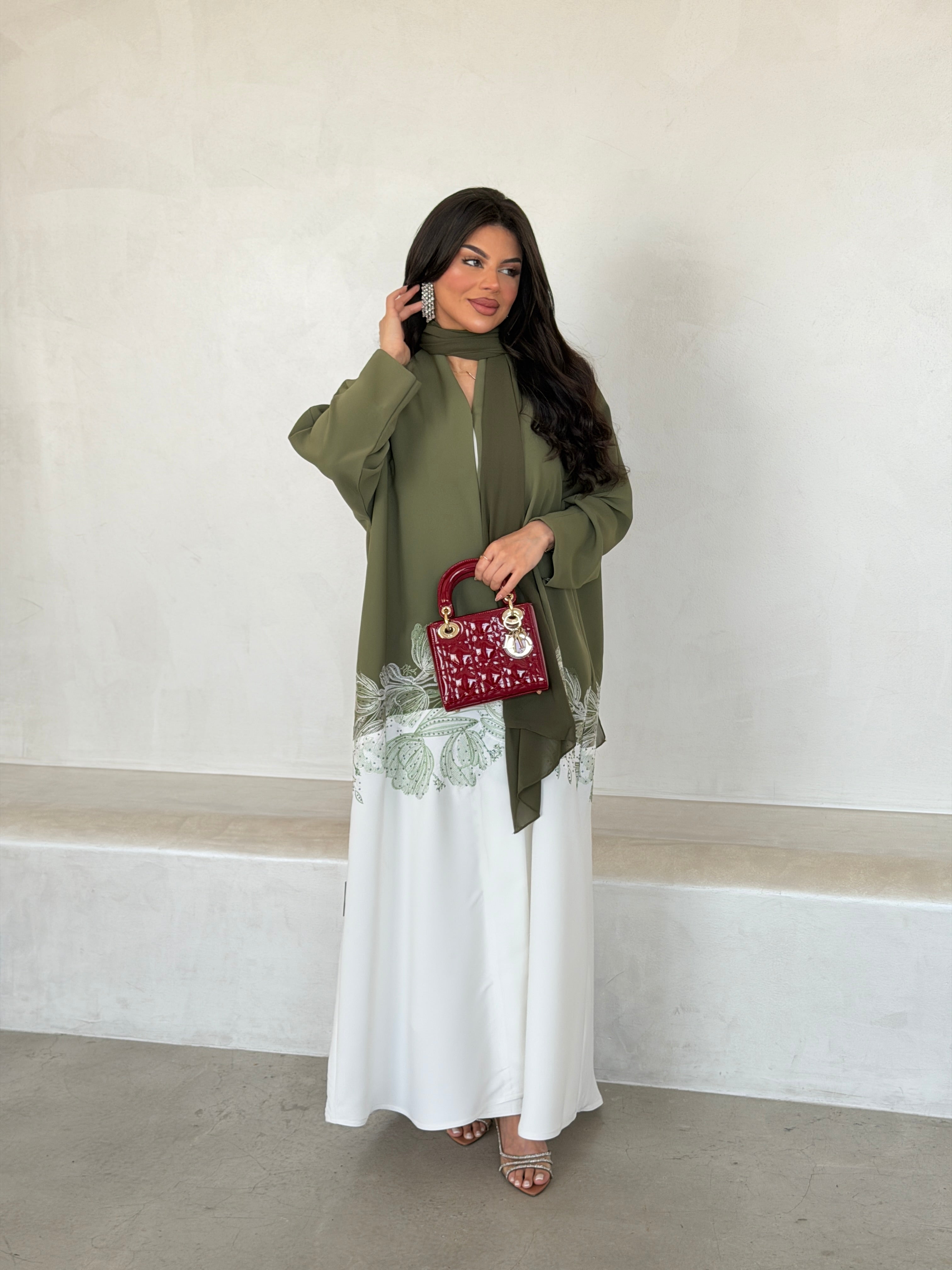 FAB294- Light Green & White Crepe Crystal Embroidered Abaya