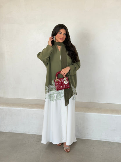 FAB294- Light Green & White Crepe Crystal Embroidered Abaya
