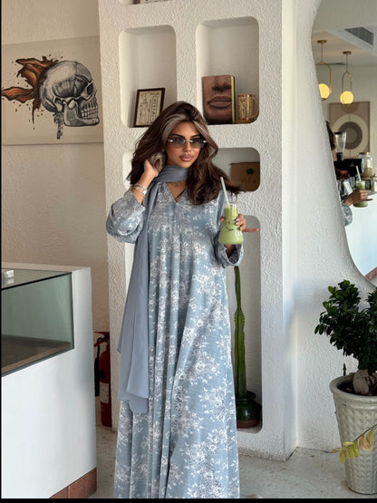 FAB301- White and Blue Lace and Linen Summer A-Cut Abaya