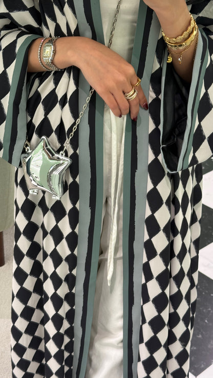 FAB305- Green & Black Checkered Print A-Cut Chiffon Silk Abaya