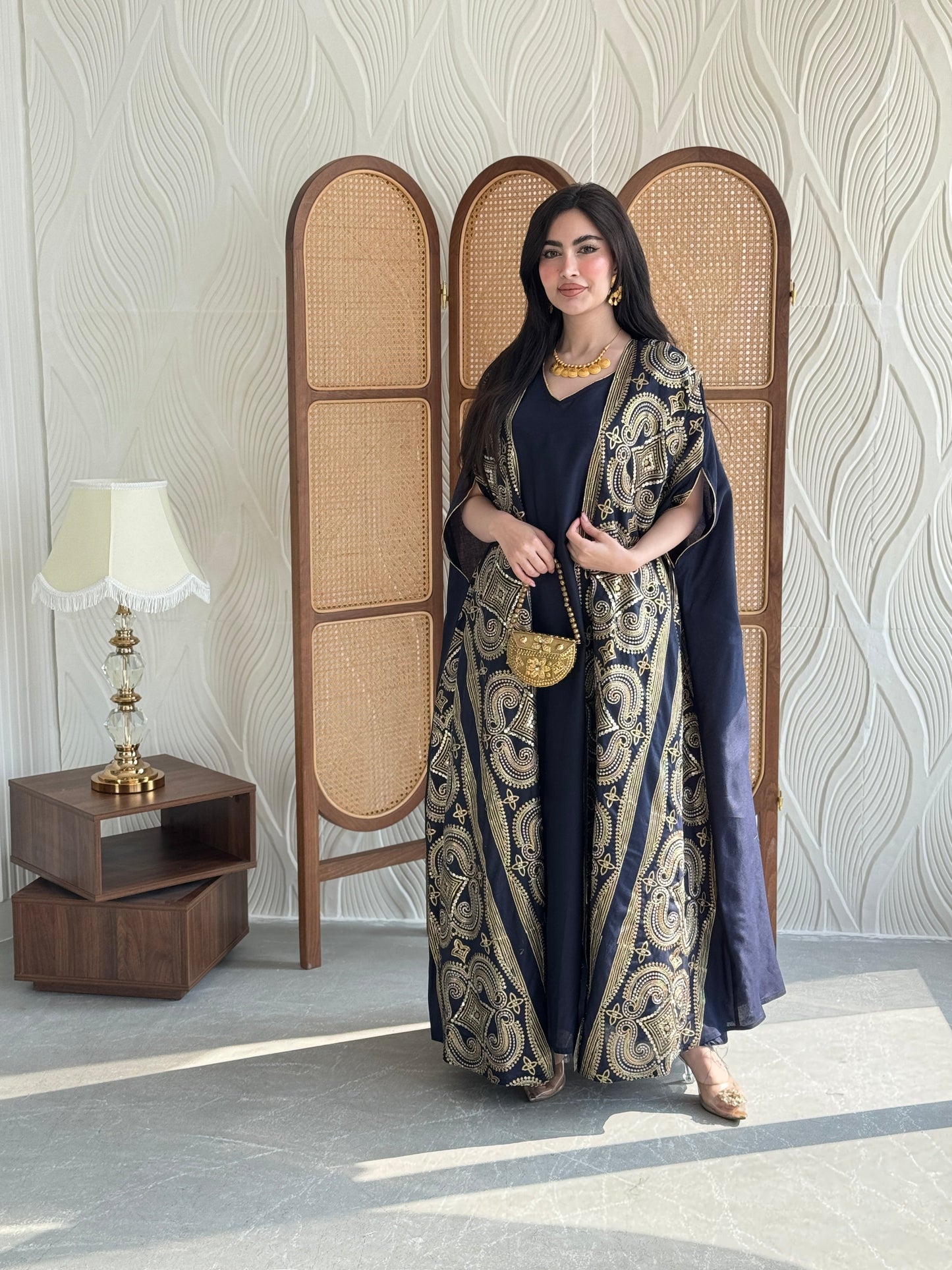 FAB276-Navy Two-Piece Linen Bisht Set, Detailed with Elegant Gold Embroidery