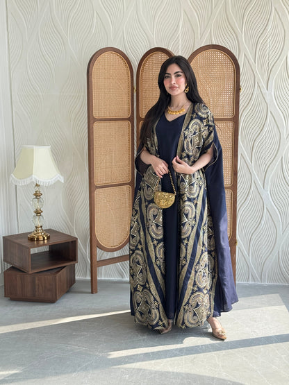 FAB276-Navy Two-Piece Linen Bisht Set, Detailed with Elegant Gold Embroidery