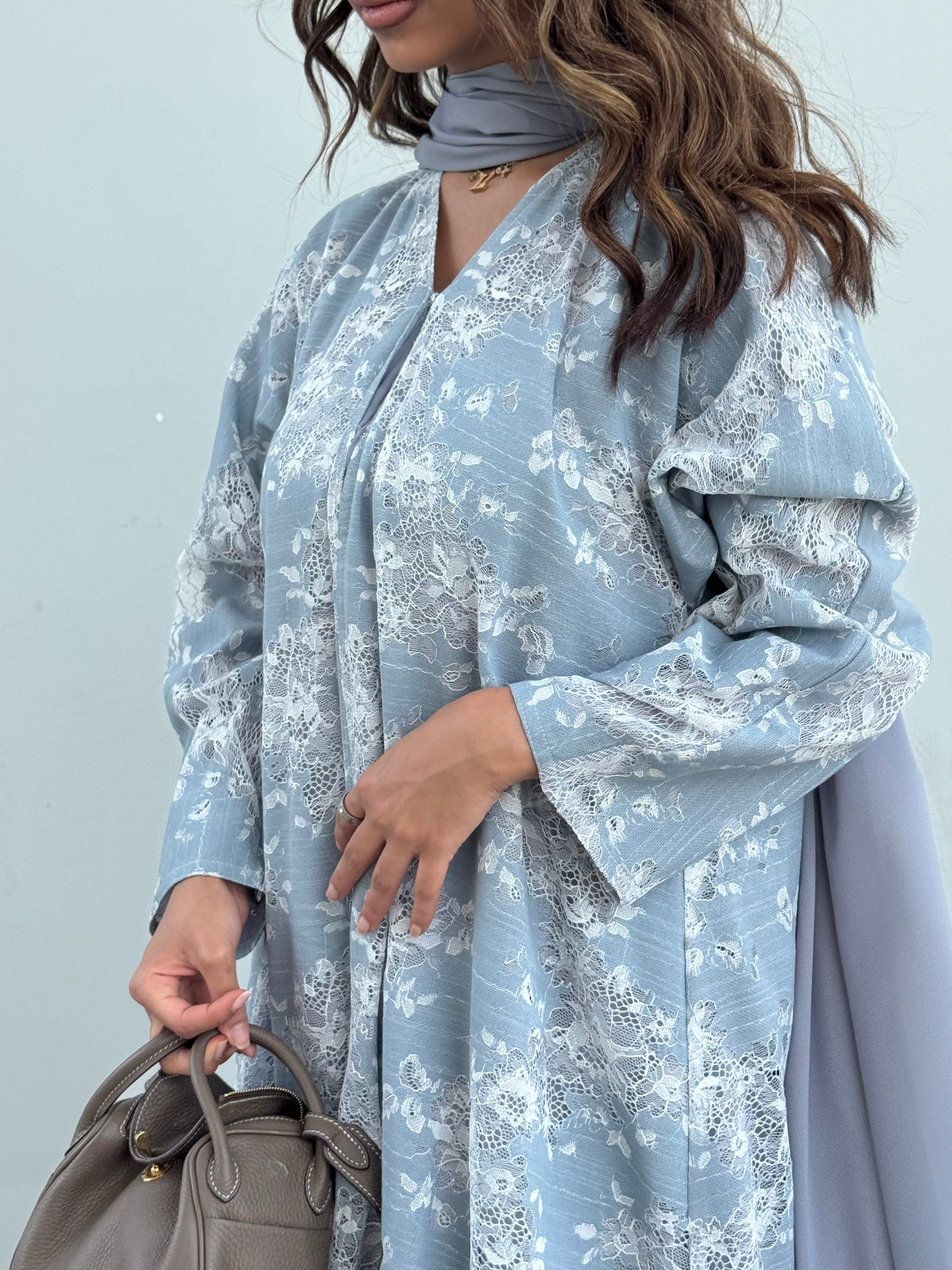 FAB301- White and Blue Lace and Linen Summer A-Cut Abaya