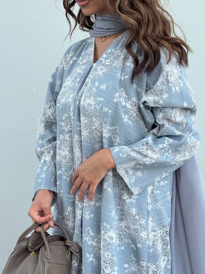 FAB301- White and Blue Lace and Linen Summer A-Cut Abaya