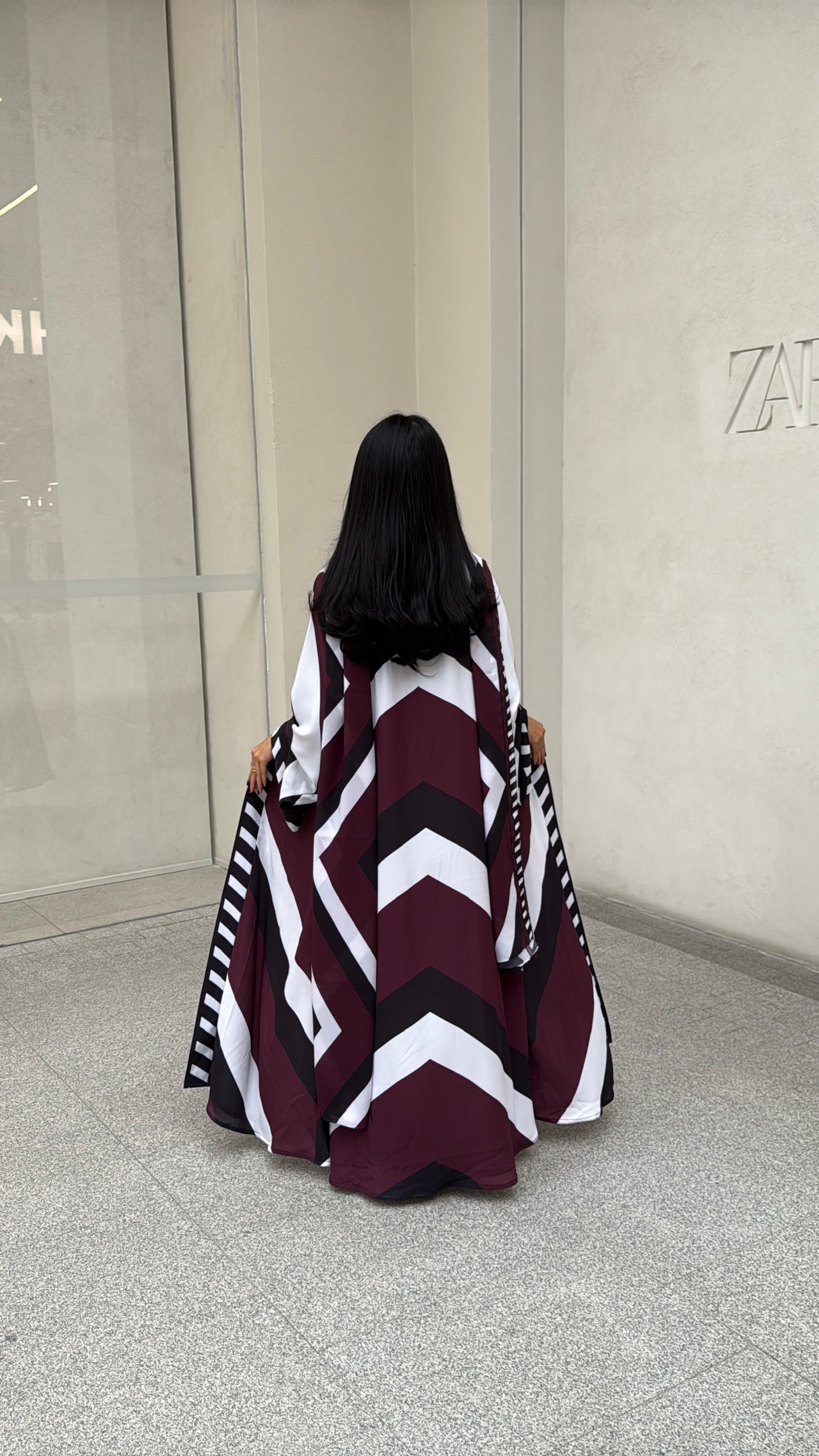 FAB302-Maroon & Black Printed Chiffon Silk A-Cut Abaya Set